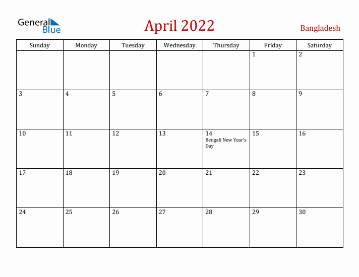 Bangladesh April 2022 Calendar - Sunday Start