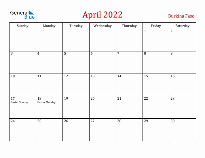 Burkina Faso April 2022 Calendar - Sunday Start