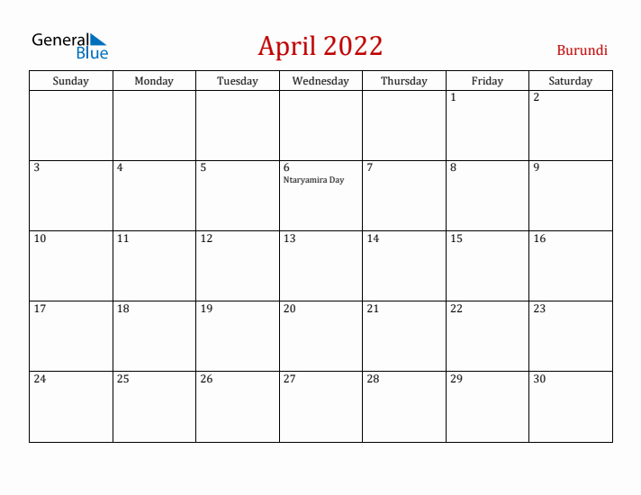 Burundi April 2022 Calendar - Sunday Start