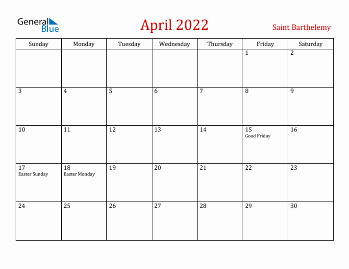 Saint Barthelemy April 2022 Calendar - Sunday Start