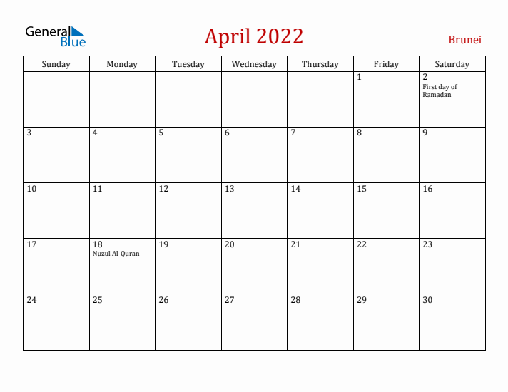 Brunei April 2022 Calendar - Sunday Start