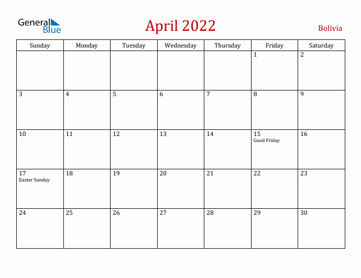 Bolivia April 2022 Calendar - Sunday Start