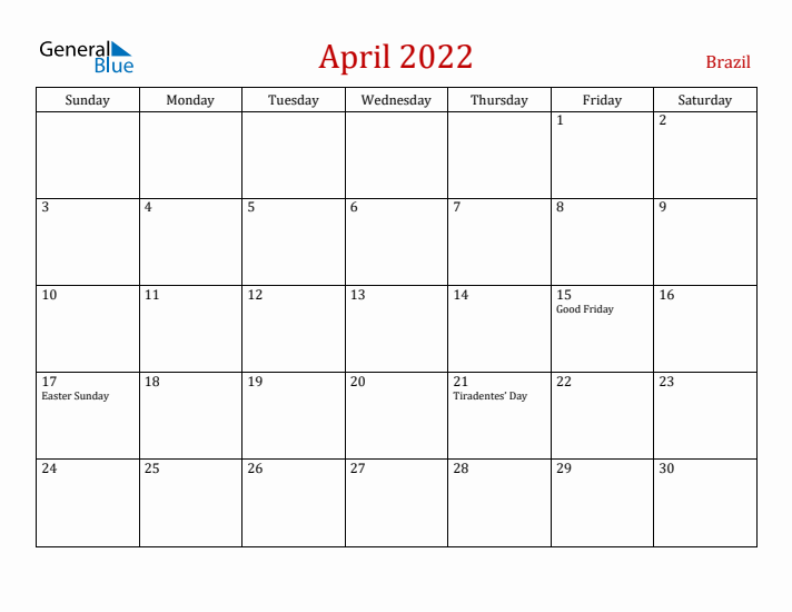 Brazil April 2022 Calendar - Sunday Start