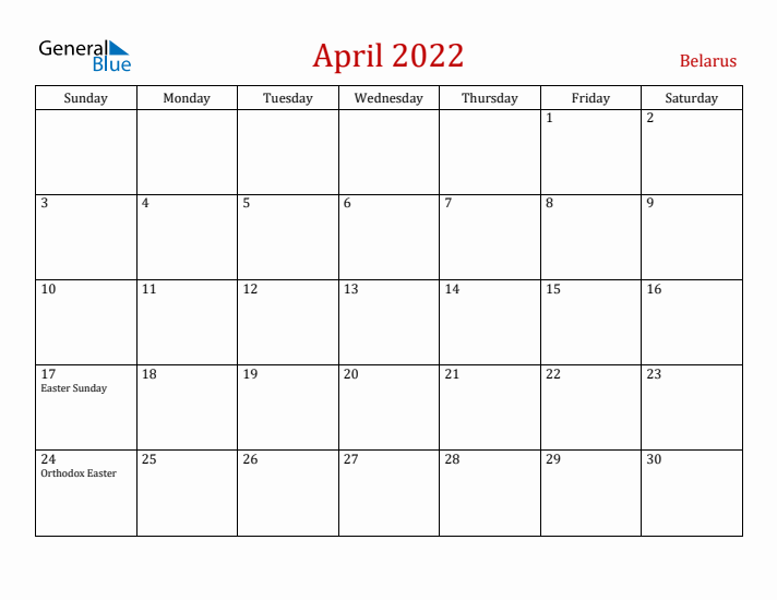 Belarus April 2022 Calendar - Sunday Start
