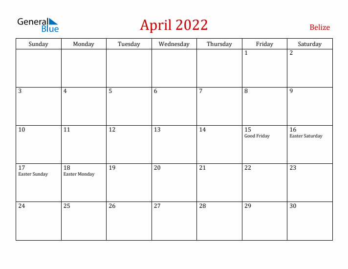 Belize April 2022 Calendar - Sunday Start