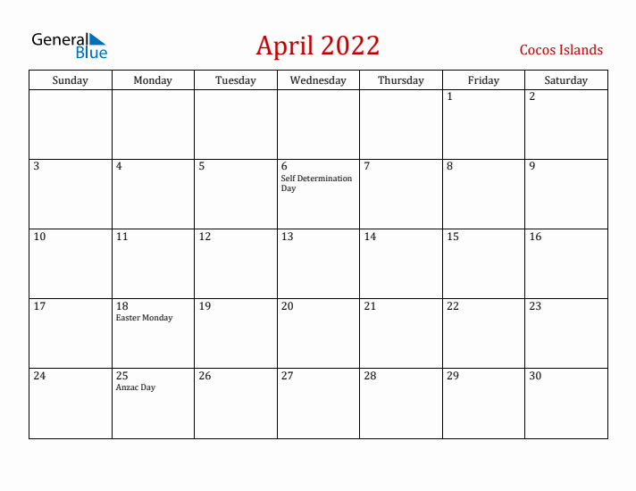 Cocos Islands April 2022 Calendar - Sunday Start