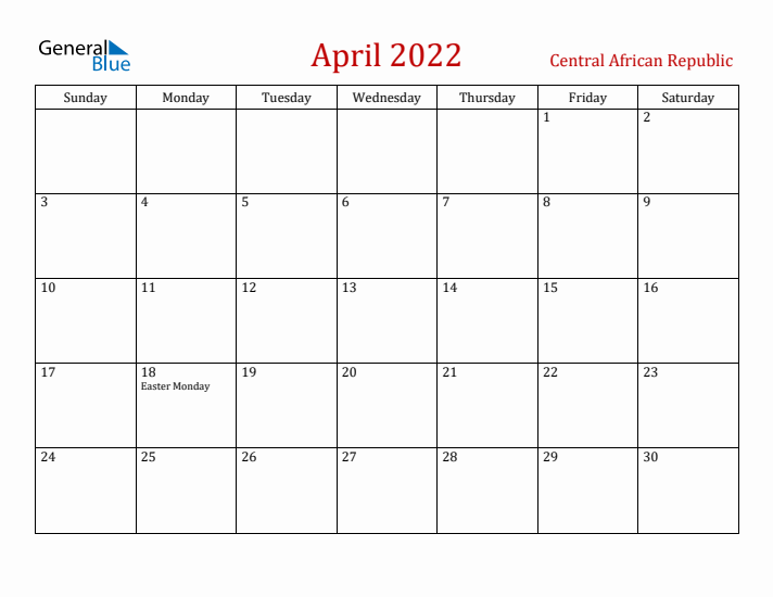 Central African Republic April 2022 Calendar - Sunday Start