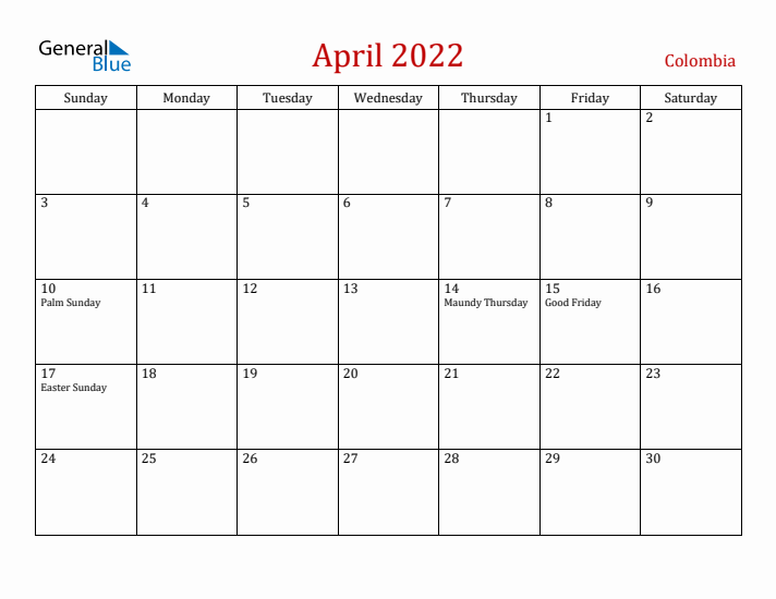 Colombia April 2022 Calendar - Sunday Start