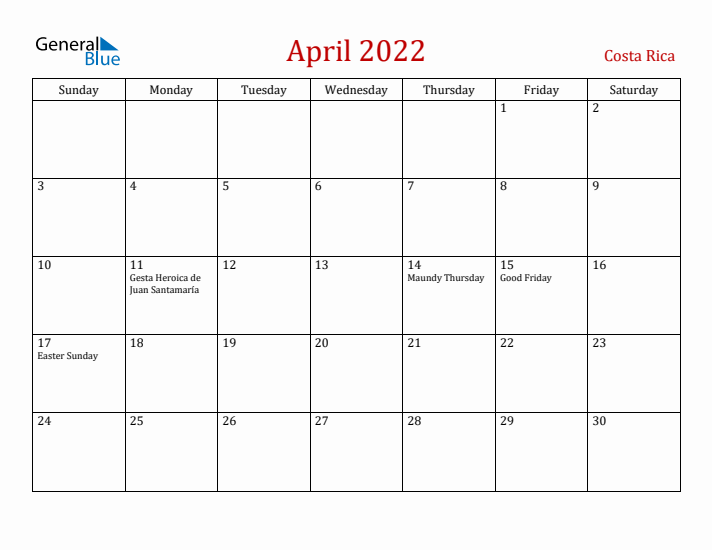 Costa Rica April 2022 Calendar - Sunday Start