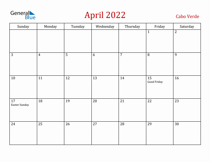 Cabo Verde April 2022 Calendar - Sunday Start