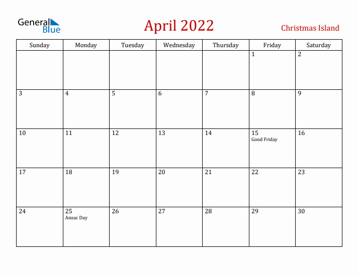 Christmas Island April 2022 Calendar - Sunday Start