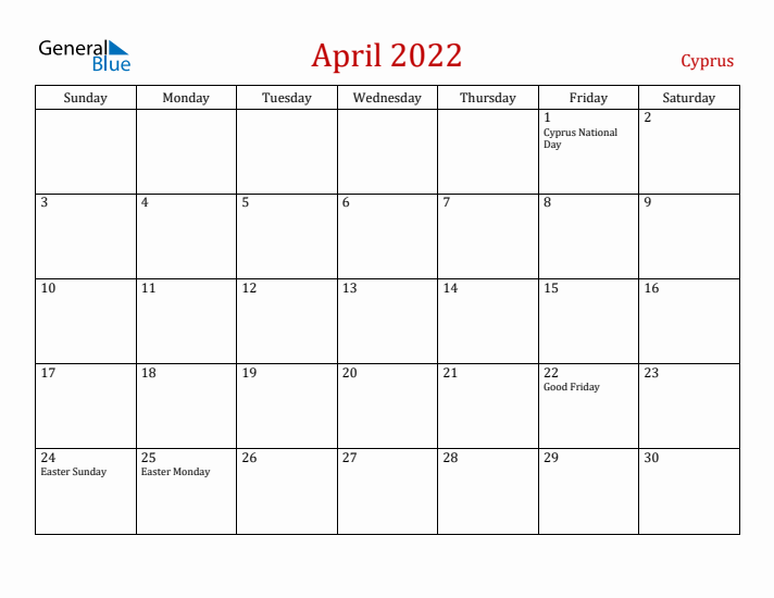 Cyprus April 2022 Calendar - Sunday Start