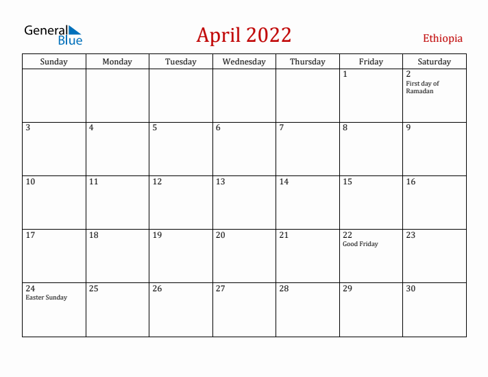 Ethiopia April 2022 Calendar - Sunday Start