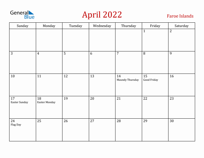 Faroe Islands April 2022 Calendar - Sunday Start