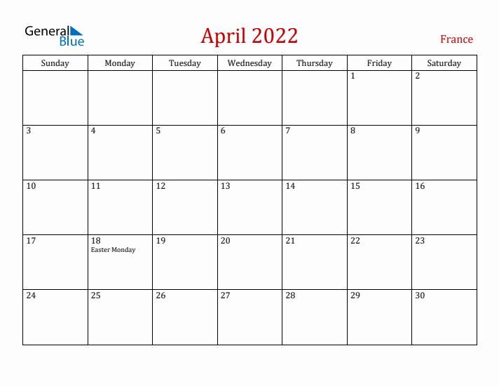 France April 2022 Calendar - Sunday Start