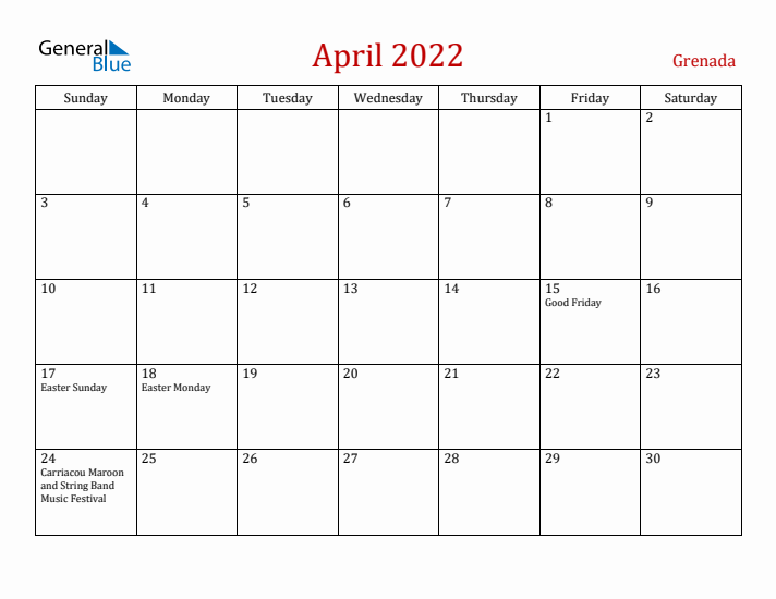 Grenada April 2022 Calendar - Sunday Start