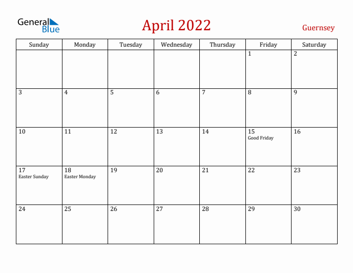 Guernsey April 2022 Calendar - Sunday Start