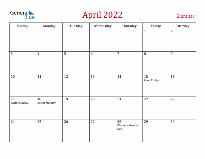 Gibraltar April 2022 Calendar - Sunday Start