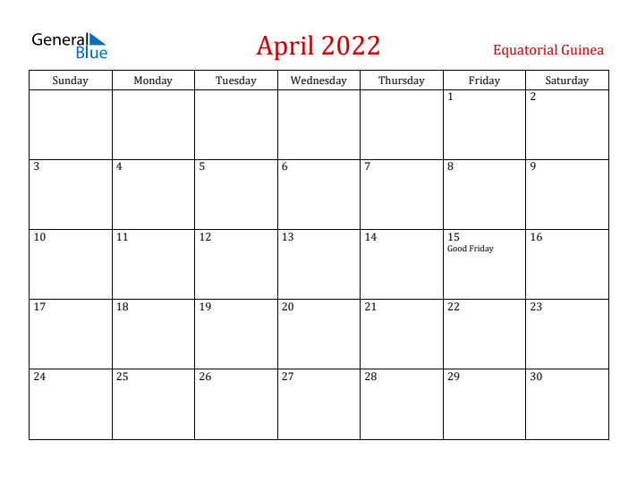 Equatorial Guinea April 2022 Calendar - Sunday Start