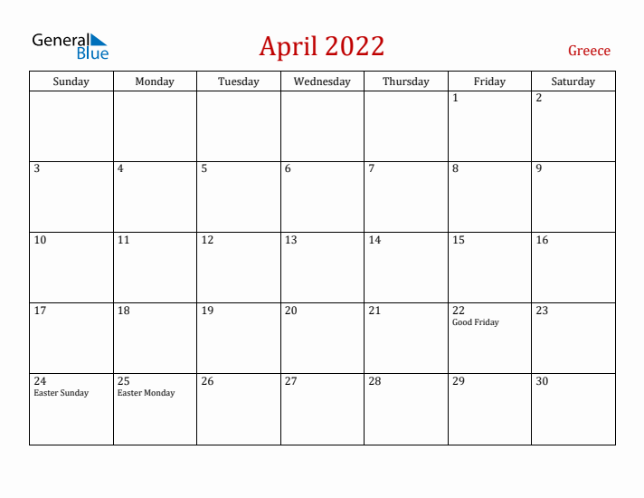 Greece April 2022 Calendar - Sunday Start