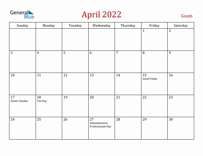 Guam April 2022 Calendar - Sunday Start