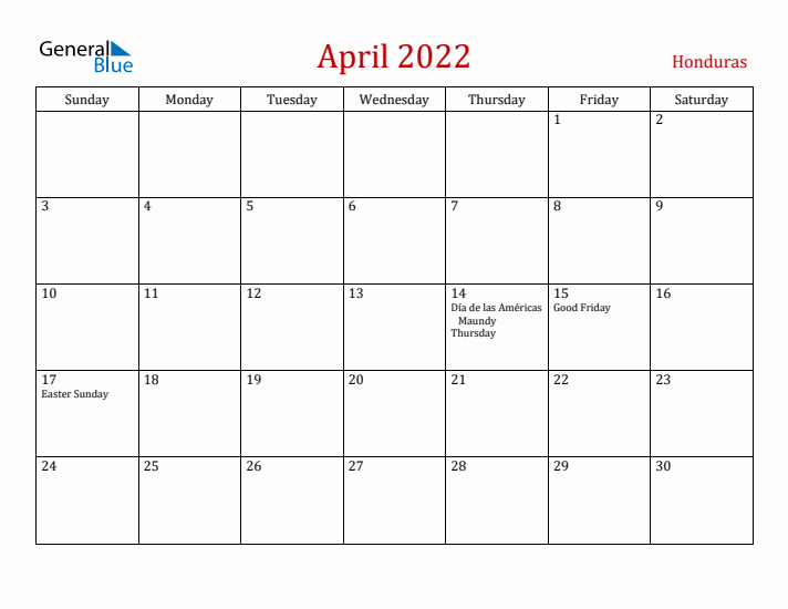 Honduras April 2022 Calendar - Sunday Start