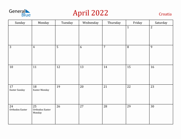 Croatia April 2022 Calendar - Sunday Start
