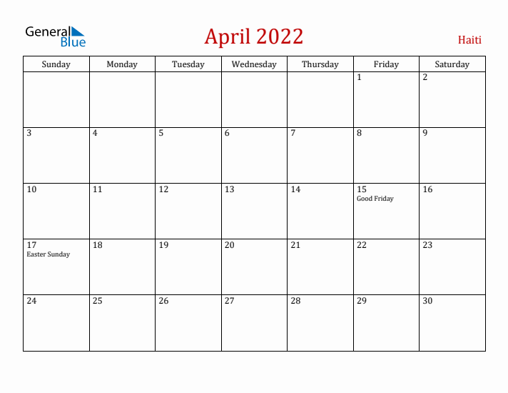 Haiti April 2022 Calendar - Sunday Start
