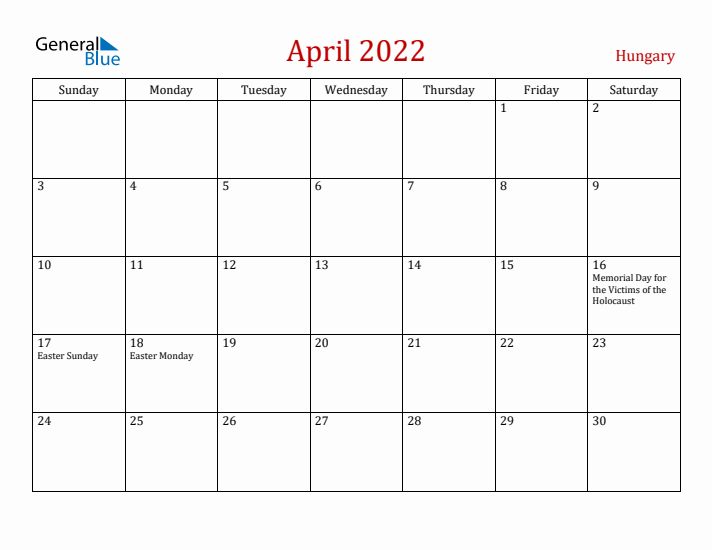 Hungary April 2022 Calendar - Sunday Start