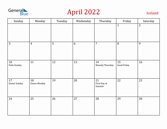 Iceland April 2022 Calendar - Sunday Start