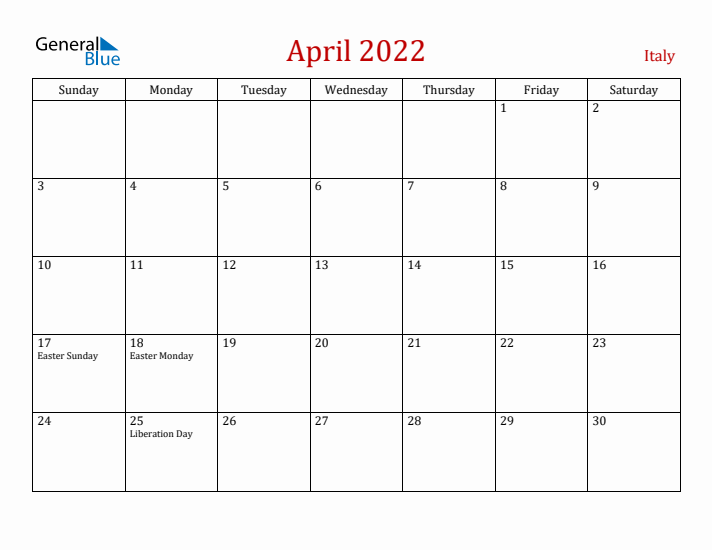 Italy April 2022 Calendar - Sunday Start