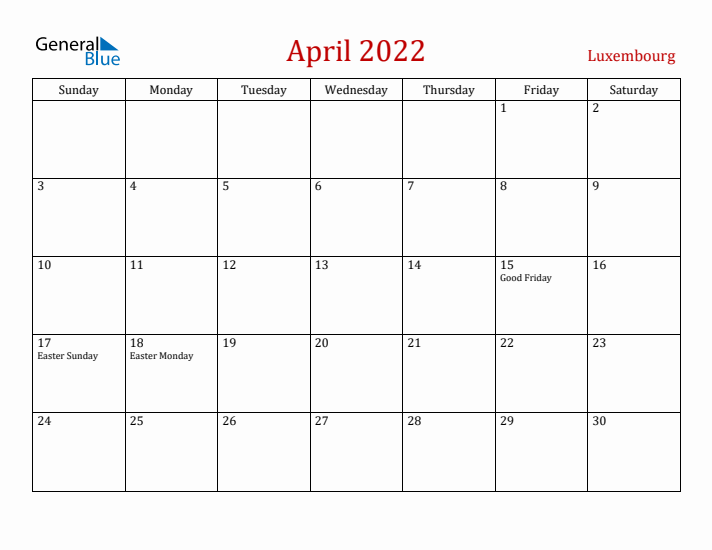 Luxembourg April 2022 Calendar - Sunday Start