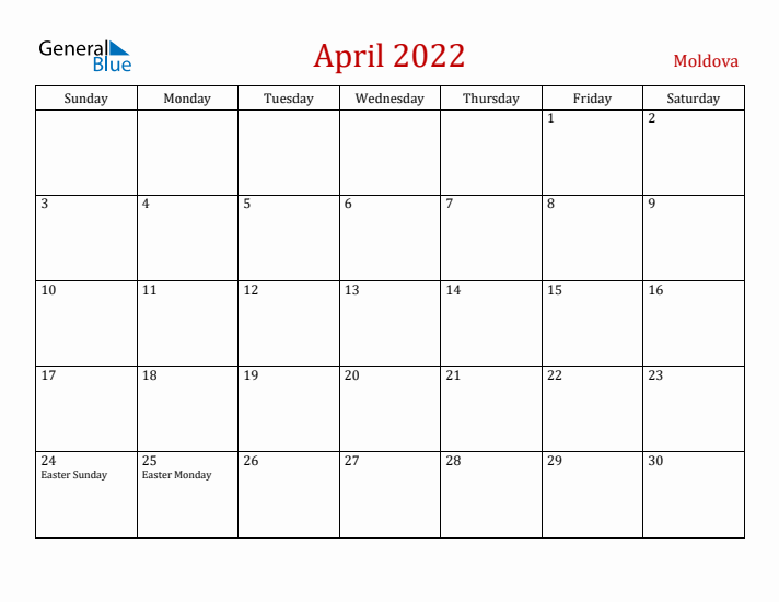 Moldova April 2022 Calendar - Sunday Start