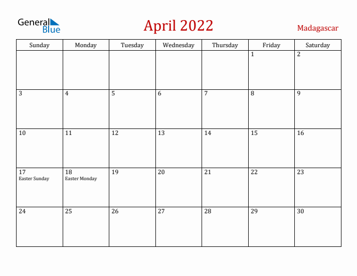 Madagascar April 2022 Calendar - Sunday Start