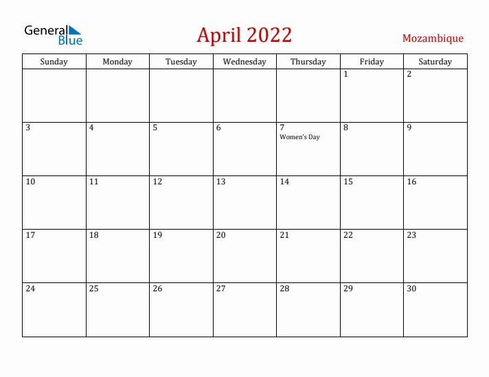 Mozambique April 2022 Calendar - Sunday Start