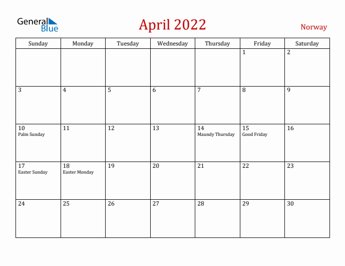 Norway April 2022 Calendar - Sunday Start
