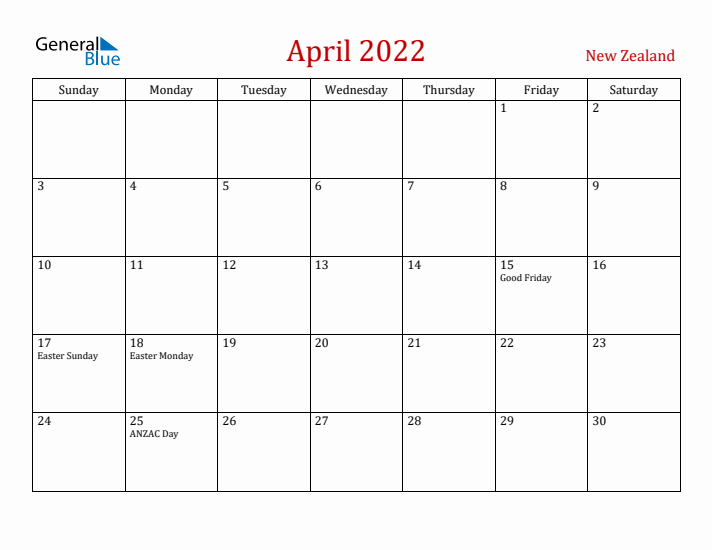New Zealand April 2022 Calendar - Sunday Start