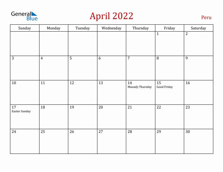 Peru April 2022 Calendar - Sunday Start