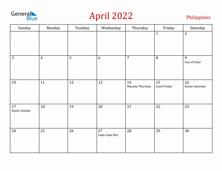 April 2022 Monthly Calendar with Philippines Holidays