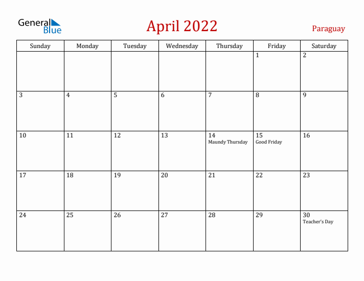Paraguay April 2022 Calendar - Sunday Start