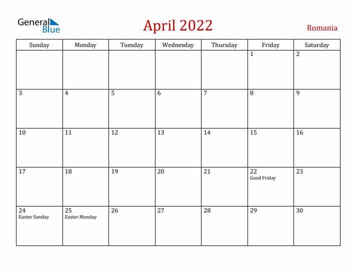Romania April 2022 Calendar - Sunday Start