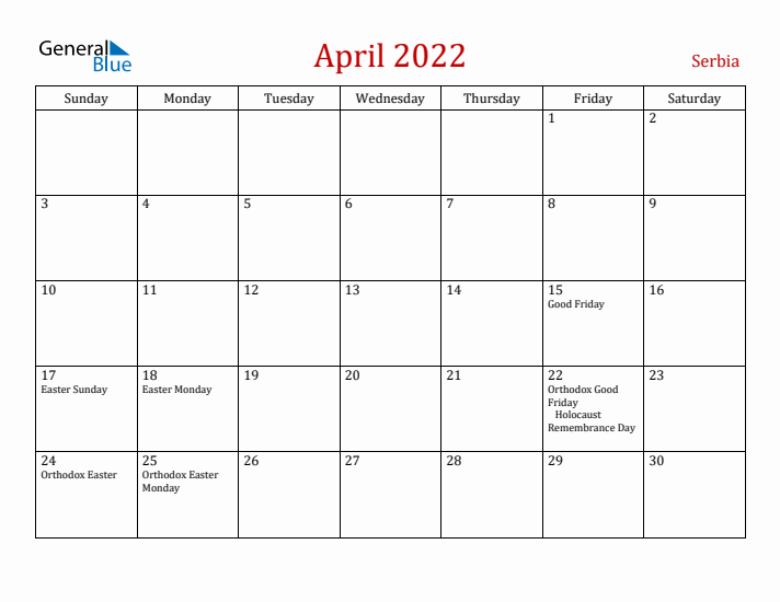 Serbia April 2022 Calendar - Sunday Start