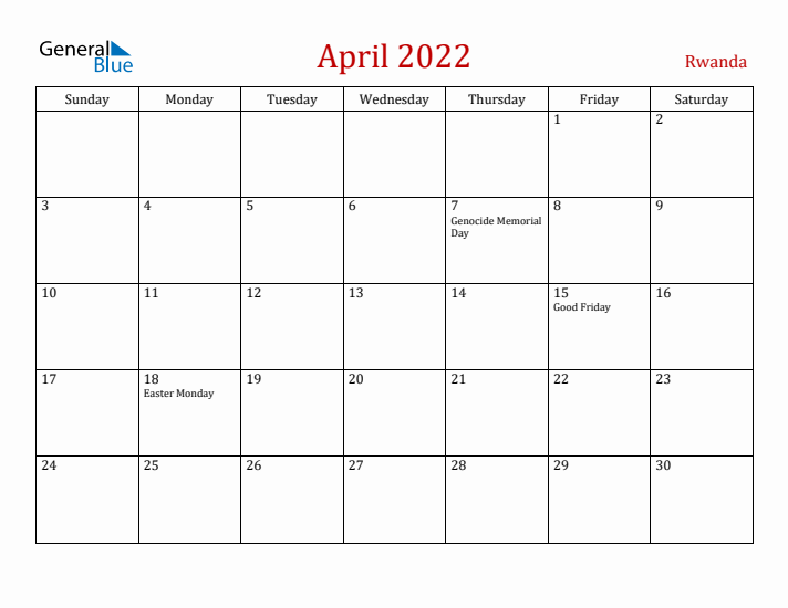 Rwanda April 2022 Calendar - Sunday Start