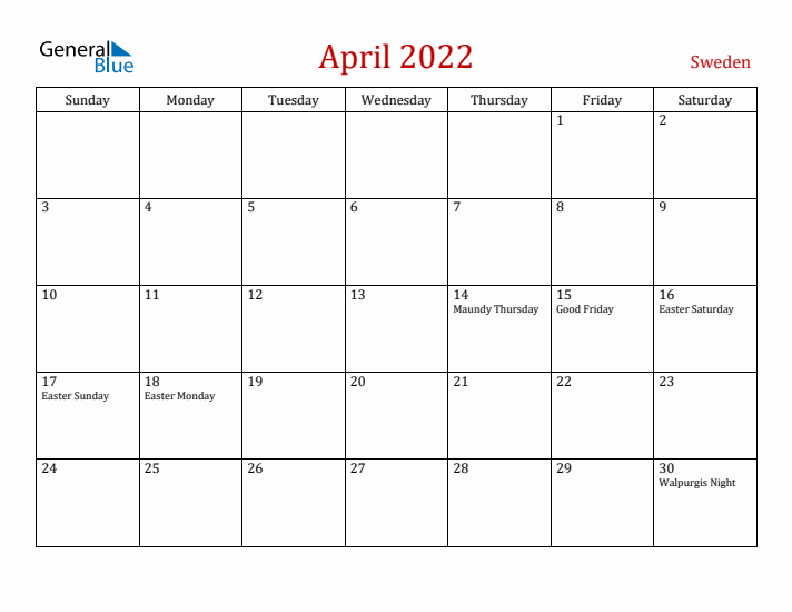 Sweden April 2022 Calendar - Sunday Start