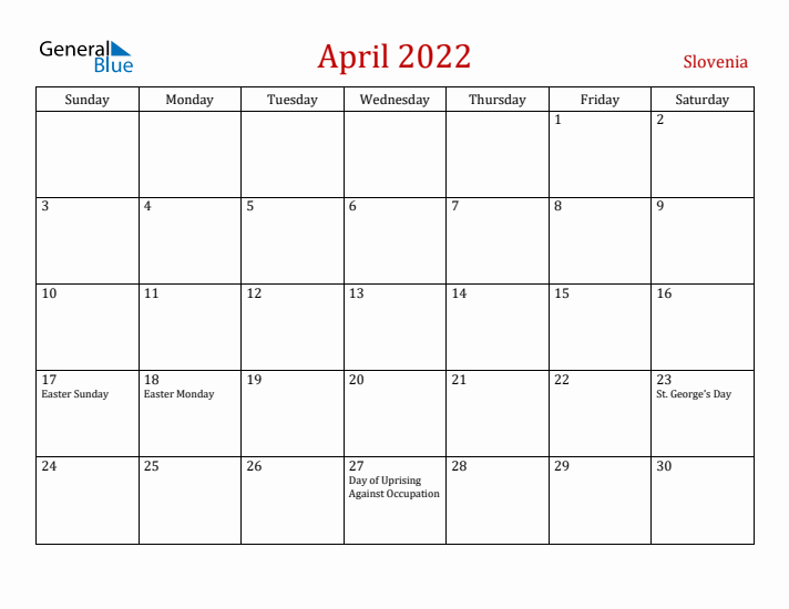 Slovenia April 2022 Calendar - Sunday Start