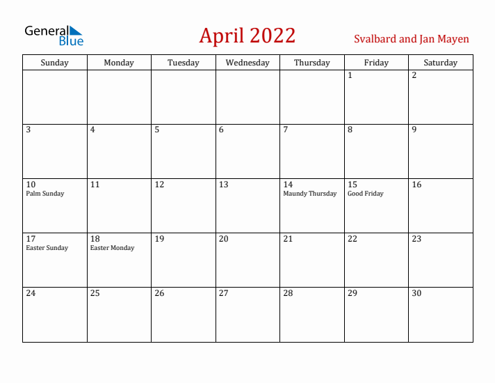 Svalbard and Jan Mayen April 2022 Calendar - Sunday Start