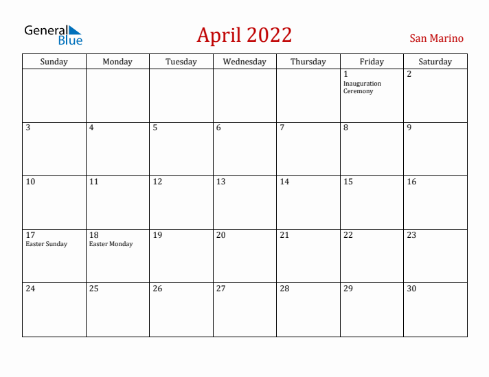 San Marino April 2022 Calendar - Sunday Start