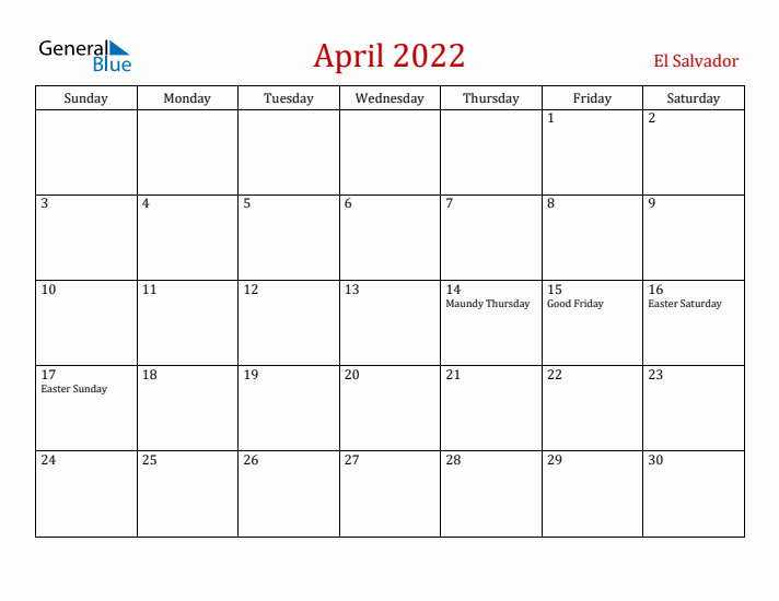 El Salvador April 2022 Calendar - Sunday Start