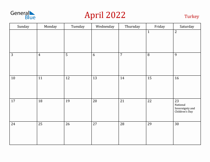Turkey April 2022 Calendar - Sunday Start