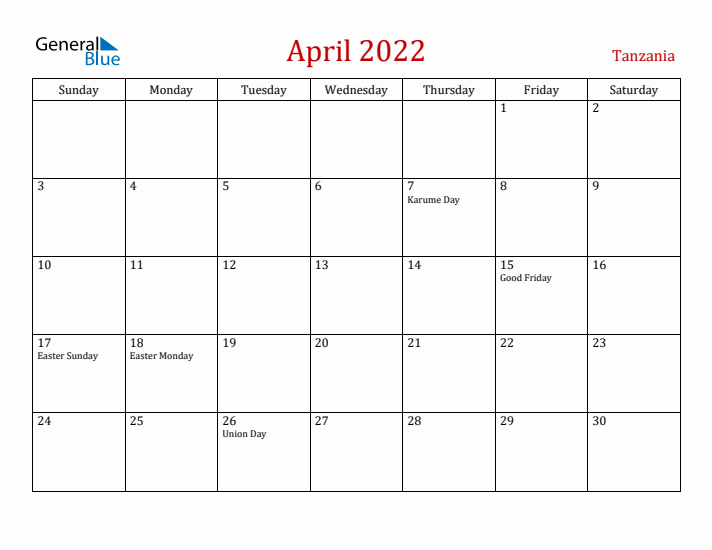 Tanzania April 2022 Calendar - Sunday Start